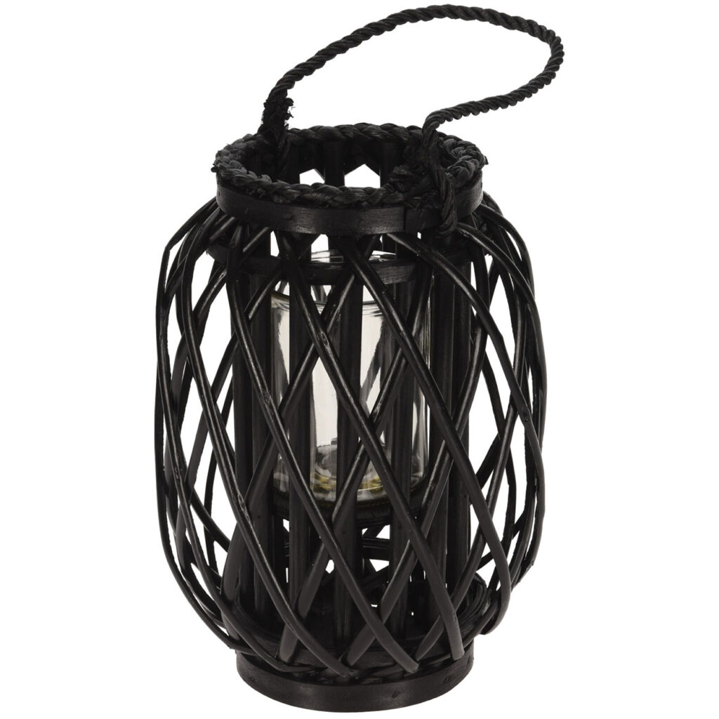 Laterne aus Rattan mit Glaseinsatz, schwarz, Windlicht mit Henkel, Ø 25 x H 30 cm