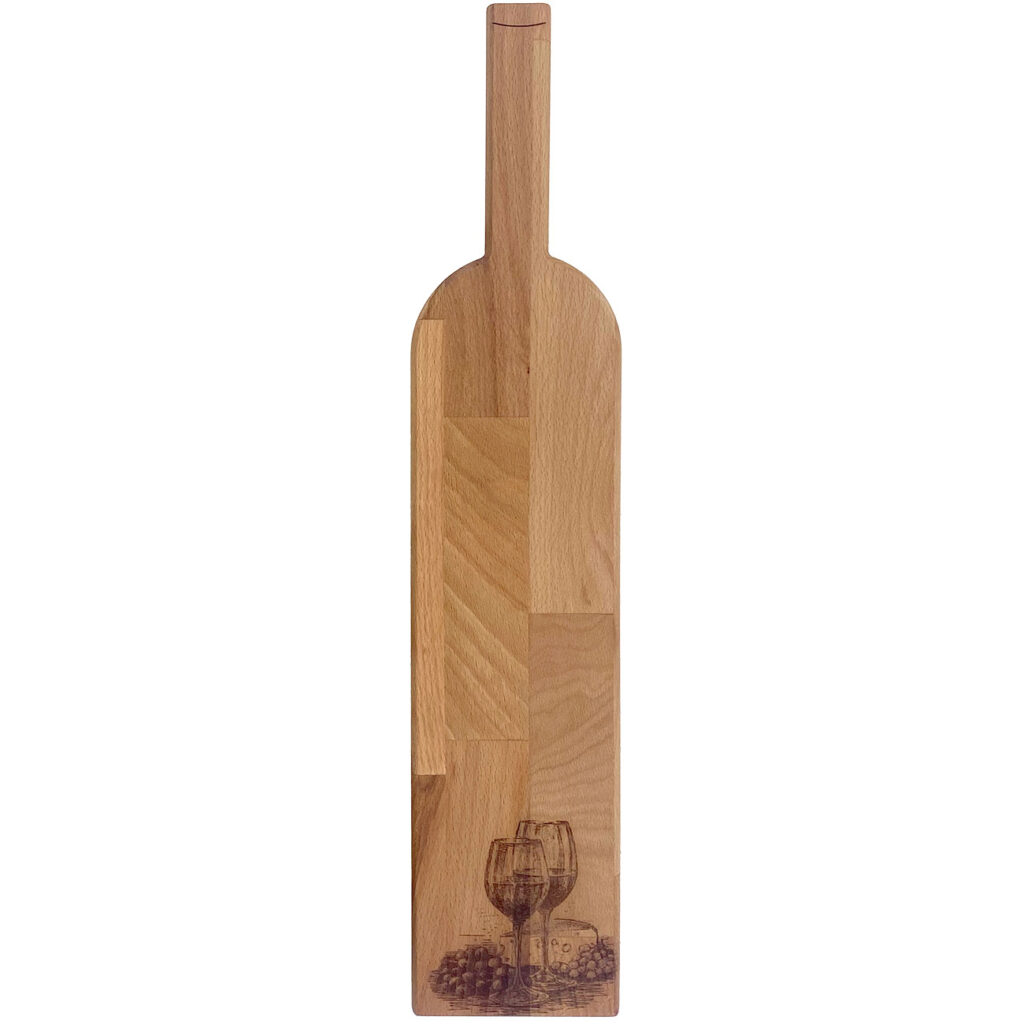 Servierbrett in Flaschenform mit Weinmotiv-Gravur, Buche, Braun, 55 x 15 cm Servierbrett in Flaschenform mit Weinmotiv-Gravur, Buche, Braun, 55 x 15 cm