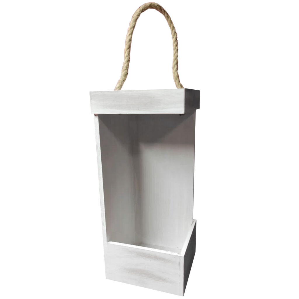 Hängender Holzkorb mit Kordel, weiss, rechteckig mit Öffnung, 12 x 12 x 30 cm Hängender Holzkorb mit Kordel, weiss, rechteckig mit Öffnung, 12 x 12 x 30 cm