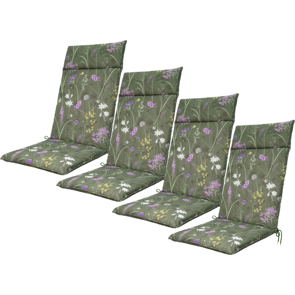 4er-Set Hochlehner-Auflage, Gartenstuhlkissen wasserabweisend, Blumenmuster grün, 120x50cm