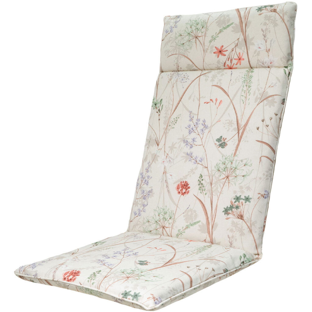Hochlehner-Auflage, Gartenstuhlkissen wasserabweisend, Blumenmuster weiss, 120 x 50 cm Hochlehner-Auflage, Gartenstuhlkissen wasserabweisend, Blumenmuster weiss, 120 x 50 cm