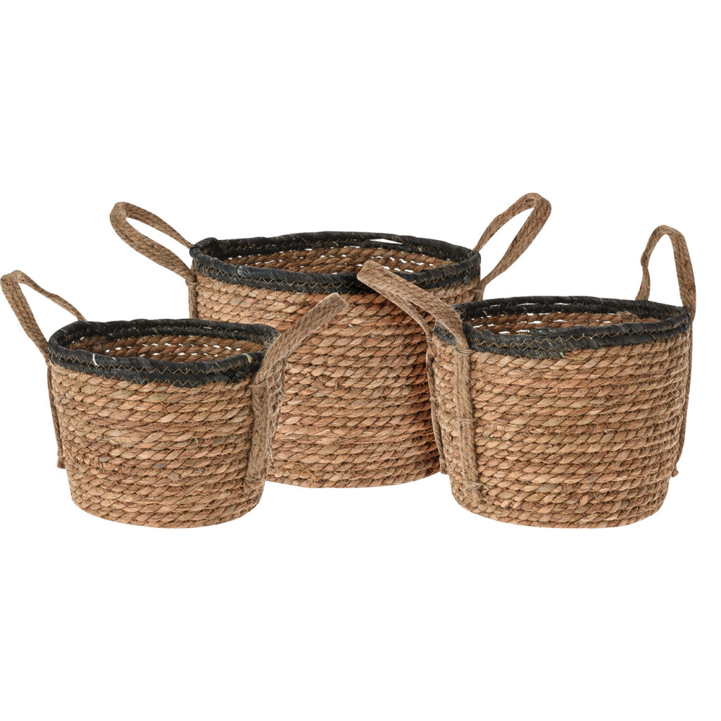 3-teiliges Körbe-Set aus Rattan, rund, mit jeweils 2 Henkel, braun & schwarz, Übertopf 3-teiliges Körbe-Set aus Rattan, rund, mit jeweils 2 Henkel, braun & schwarz, Übertopf
