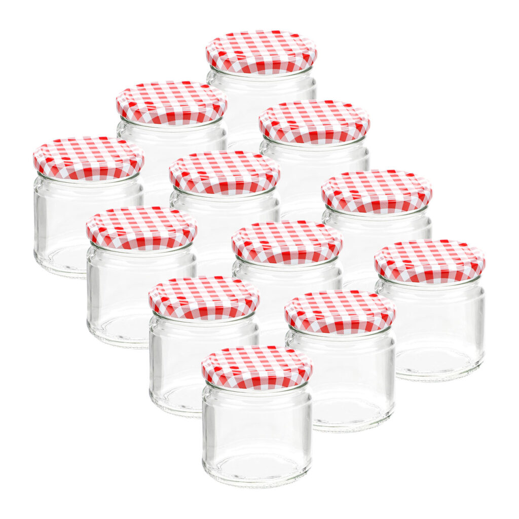 12er-Set Einmachgläser mit Schraubdeckel, Sturzgläser mit Karo-Muster, je 210 ml 12er-Set Einmachgläser mit Schraubdeckel, Sturzgläser mit Karo-Muster, je 210 ml