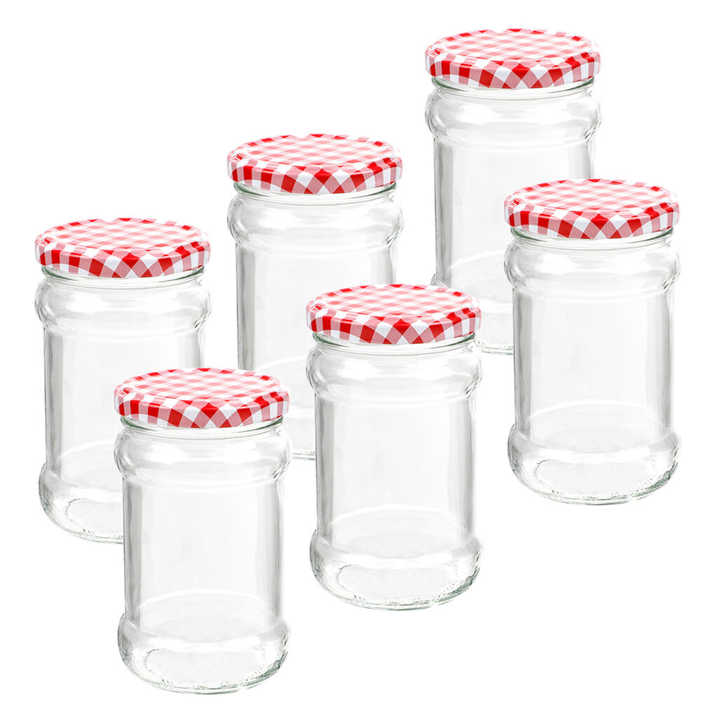 6er-Set Einmachgläser mit Schraubdeckel, Sturzgläser mit Karo-Muster, je 315 ml 6er-Set Einmachgläser mit Schraubdeckel, Sturzgläser mit Karo-Muster, je 315 ml