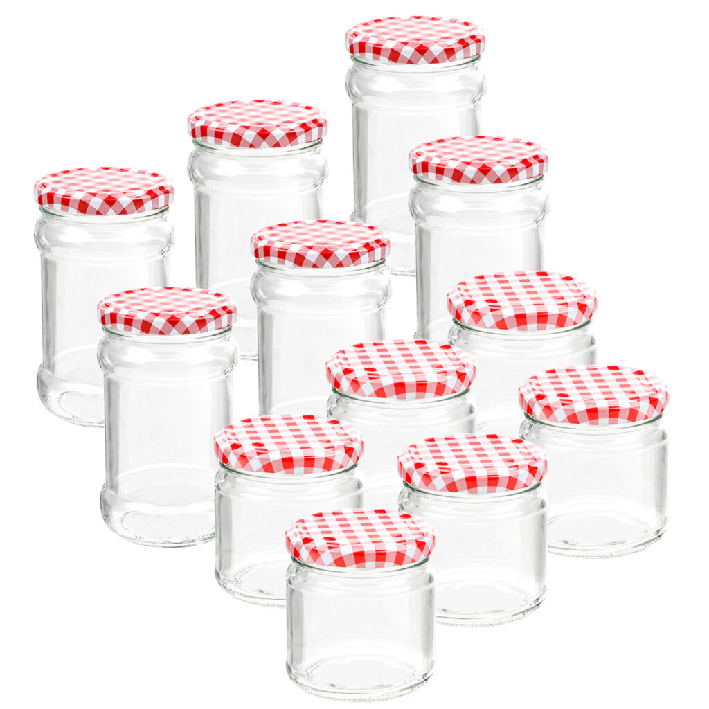 12er-Set Einmachgläser mit Schraubdeckel, Sturzgläser Karo 6 x 210 ml und 6 x 315 ml 12er-Set Einmachgläser mit Schraubdeckel, Sturzgläser Karo 6 x 210 ml und 6 x 315 ml