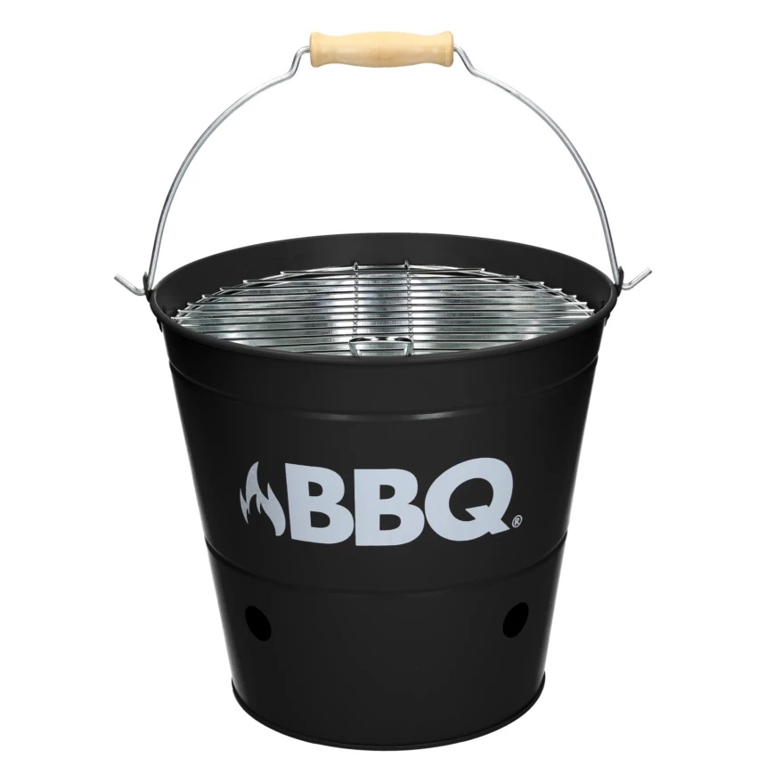 Grilleimer aus Metall mit Aufdruck, Campinggrill mit Henkel, schwarz, 26,5 x 25 cm Grilleimer aus Metall mit Aufdruck, Campinggrill mit Henkel, schwarz, 26,5 x 25 cm