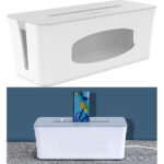Kabelbox gross, 40 x 15 x 16,5 cm, Ladesteckplatz im Deckel, weiss & grau