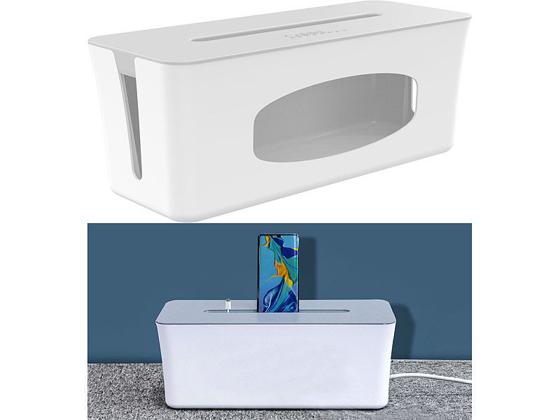 Kabelbox gross, 40 x 15 x 16,5 cm, Ladesteckplatz im Deckel, weiss & grau Kabelbox gross, 40 x 15 x 16,5 cm, Ladesteckplatz im Deckel, weiss & grau