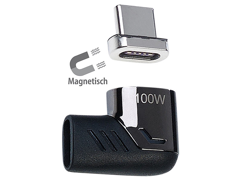 90°-USB-C-Schnell-Ladeadapter mit Magnet-Stecker, PD bis 100 Watt 90°-USB-C-Schnell-Ladeadapter mit Magnet-Stecker, PD bis 100 Watt