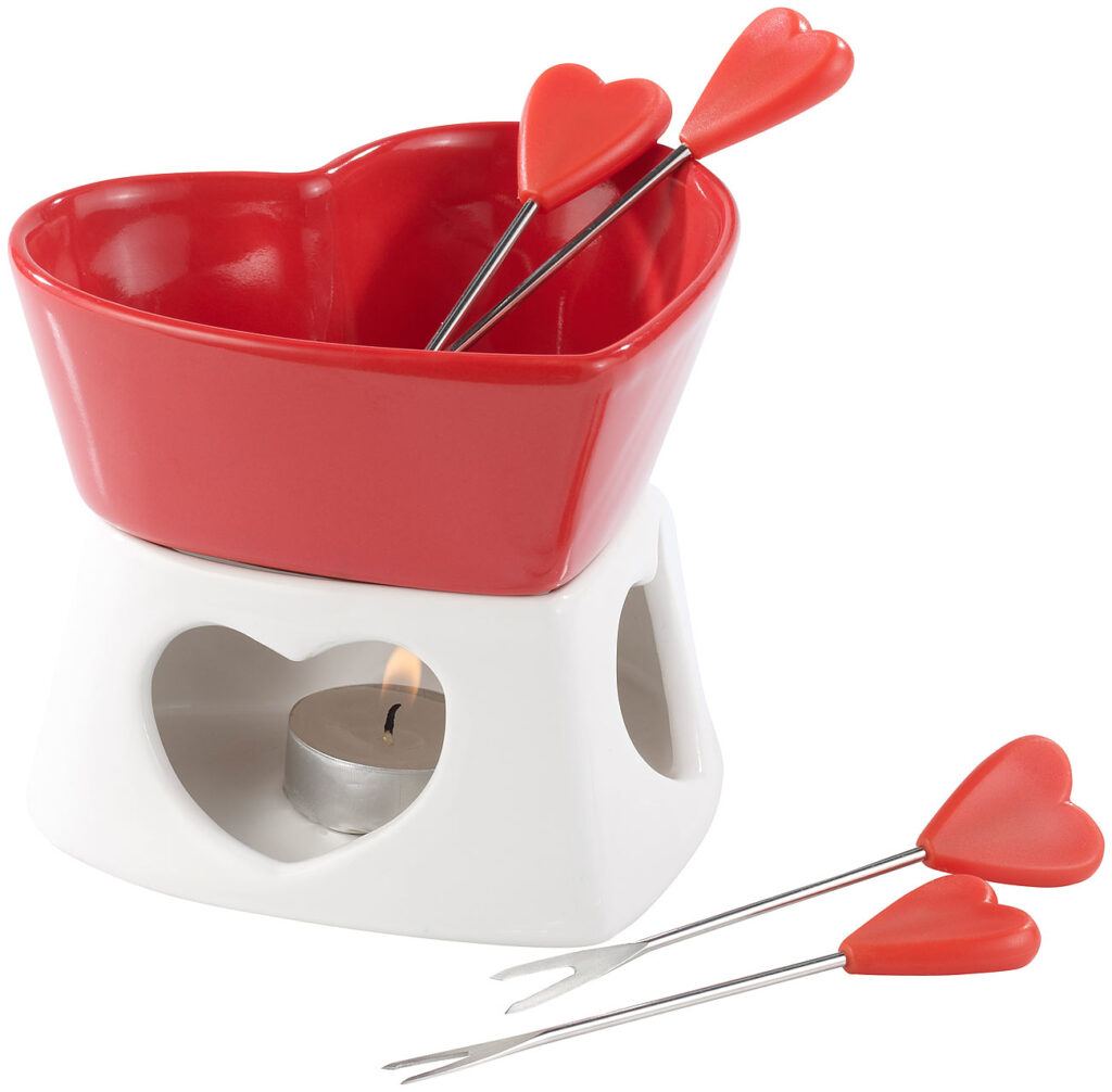 Schokofondue Set aus Porzellan mit 4 Fondue Gabeln und Teelichthalter Schokofondue Set aus Porzellan mit 4 Fondue Gabeln und Teelichthalter