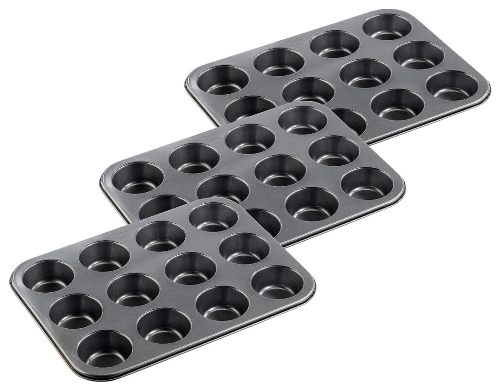 Antihaftbeschichtetes Backblech für 12 Muffins mit Ø 7 cm, 3er-Set Antihaftbeschichtetes Backblech für 12 Muffins mit Ø 7 cm, 3er-Set