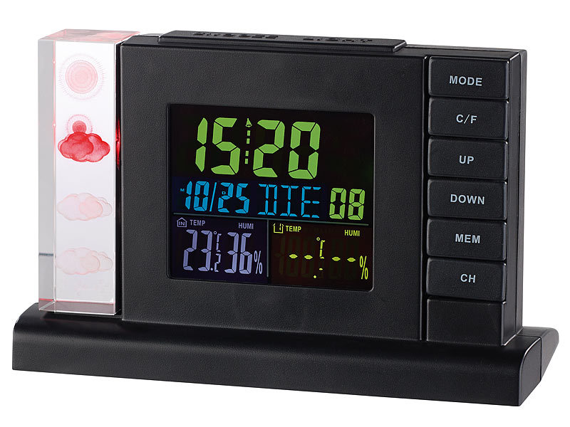 Funk-Wetterstation mit 3D-Hologramm-Anzeige, Aussensensor & Funkwecker Funk-Wetterstation mit 3D-Hologramm-Anzeige, Aussensensor & Funkwecker