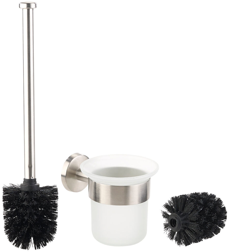 Edelstahl/Glas-WC-Garnitur, Wandmontage, 2 Bürsten-Aufsätze, schwarz Edelstahl/Glas-WC-Garnitur, Wandmontage, 2 Bürsten-Aufsätze, schwarz