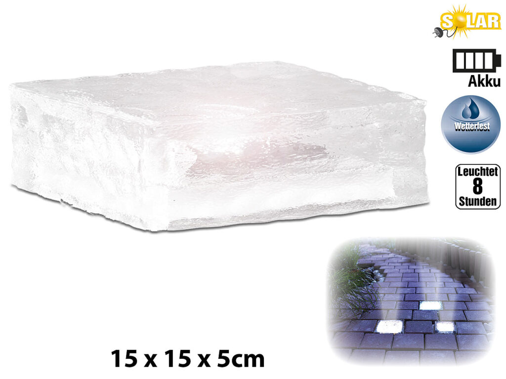 Solar LED Glasbaustein mit Lichtsensor, L (15x15x5cm) Solar LED Glasbaustein mit Lichtsensor, L (15x15x5cm)
