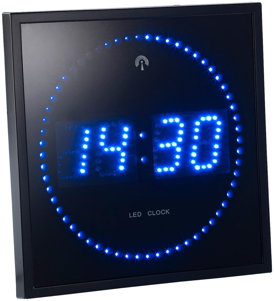 LED-Funk-Wanduhr mit Sekunden-Lauflicht durch blaue LEDs LED-Funk-Wanduhr mit Sekunden-Lauflicht durch blaue LEDs