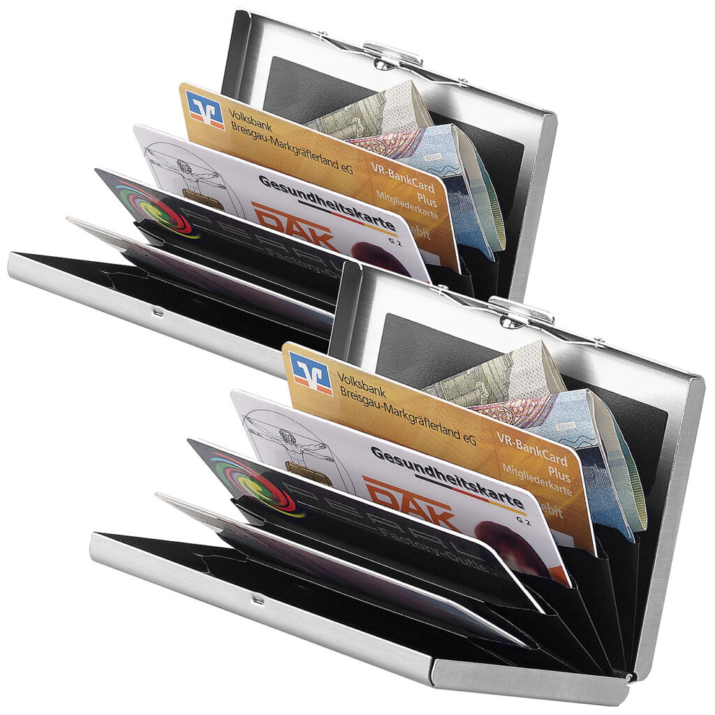 2er Pack Flaches RFID-Kartenetui aus Edelstahl für 6 Chipkarten 2er Pack Flaches RFID-Kartenetui aus Edelstahl für 6 Chipkarten