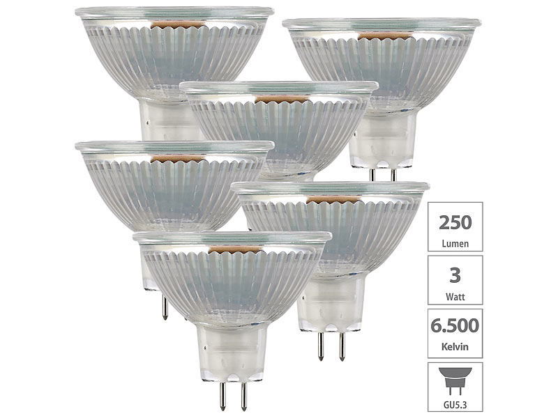 6er-Set LED-Spot, Glasgehäuse GU 5.3, 3 Watt, 250 lm, tageslichtweiss 6er-Set LED-Spot, Glasgehäuse GU 5.3, 3 Watt, 250 lm, tageslichtweiss
