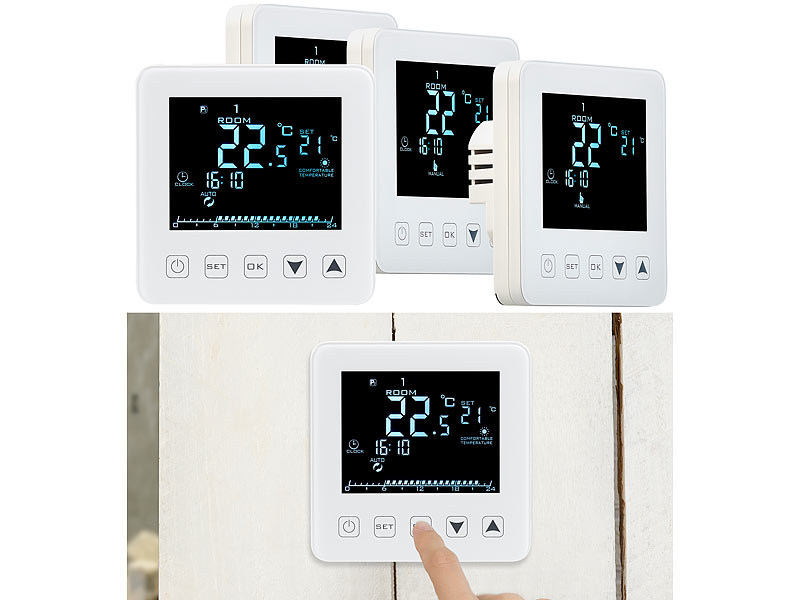 4er-Set Wand-Thermostate für Fussbodenheizung, LCD, Touch-Tasten 4er-Set Wand-Thermostate für Fussbodenheizung, LCD, Touch-Tasten