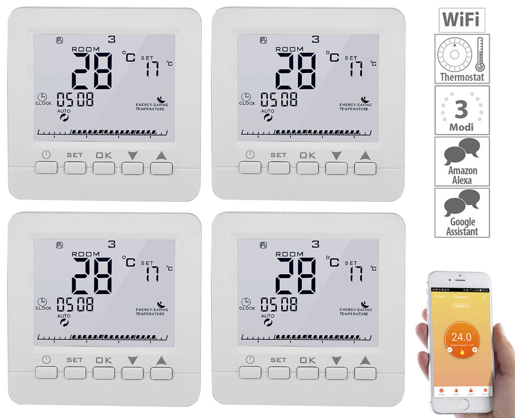 4er-Set WLAN-Thermostate für Fussbodenheizung, für Siri, Alexa & GA 4er-Set WLAN-Thermostate für Fussbodenheizung, für Siri, Alexa & GA