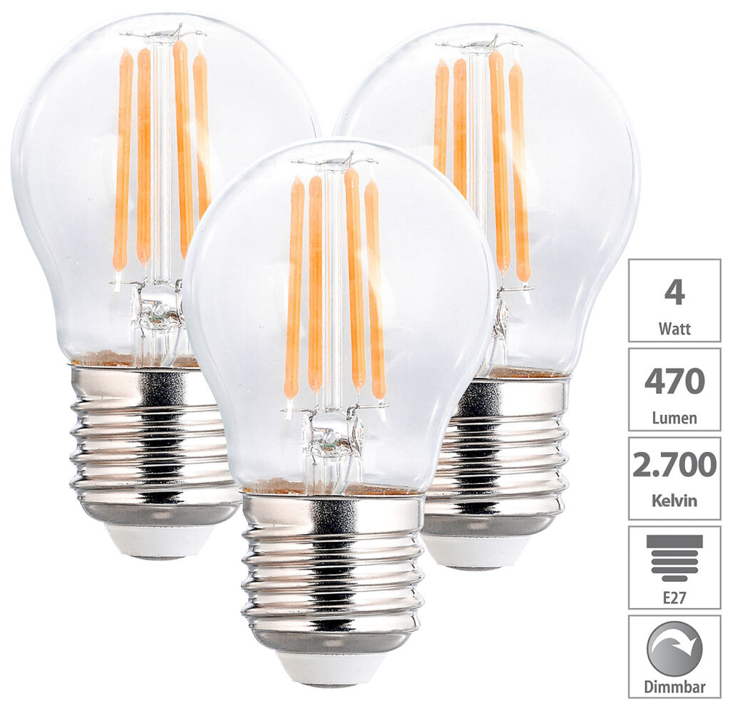 3er-Set LED-Filament-Lampen, G45, E27, 470 lm, 4 W, 2700K, dimmbar 3er-Set LED-Filament-Lampen, G45, E27, 470 lm, 4 W, 2700K, dimmbar
