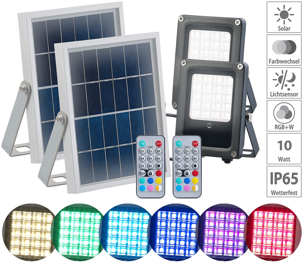 2er-Set Solar-LED-Fluter für aussen, RGBW, 10 Watt, mit Fernbedienung 2er-Set Solar-LED-Fluter für aussen, RGBW, 10 Watt, mit Fernbedienung