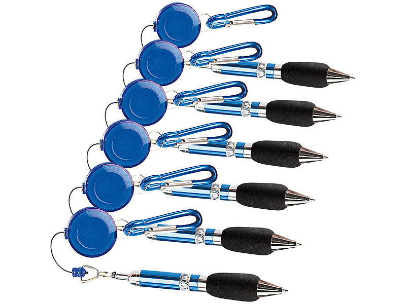 6er-Set Pen-Rewinder mit Karabiner-Haken und Gürtelclip, 60cm Leine 6er-Set Pen-Rewinder mit Karabiner-Haken und Gürtelclip, 60cm Leine