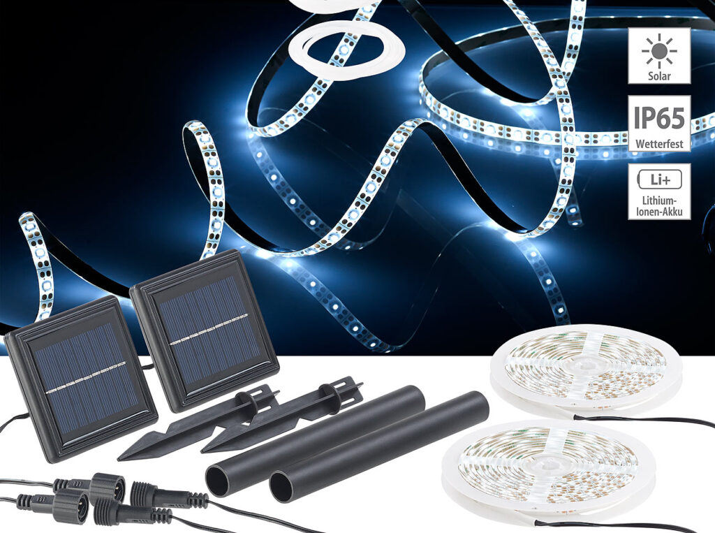 2er-Set Solar-LED-Streifen mit 180 tageslichtweissen LEDs, IP65 2er-Set Solar-LED-Streifen mit 180 tageslichtweissen LEDs, IP65