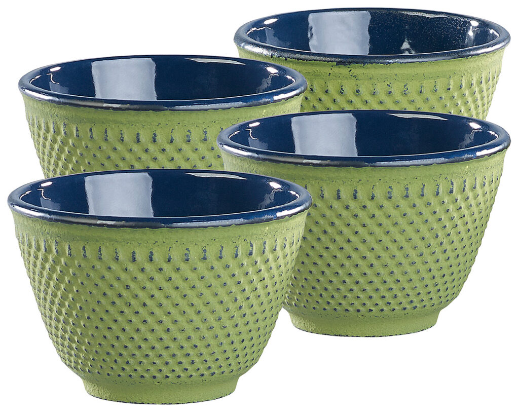 4er-Set asiatische Teebecher aus Gusseisen und Emaille, olivgrün 4er-Set asiatische Teebecher aus Gusseisen und Emaille, olivgrün