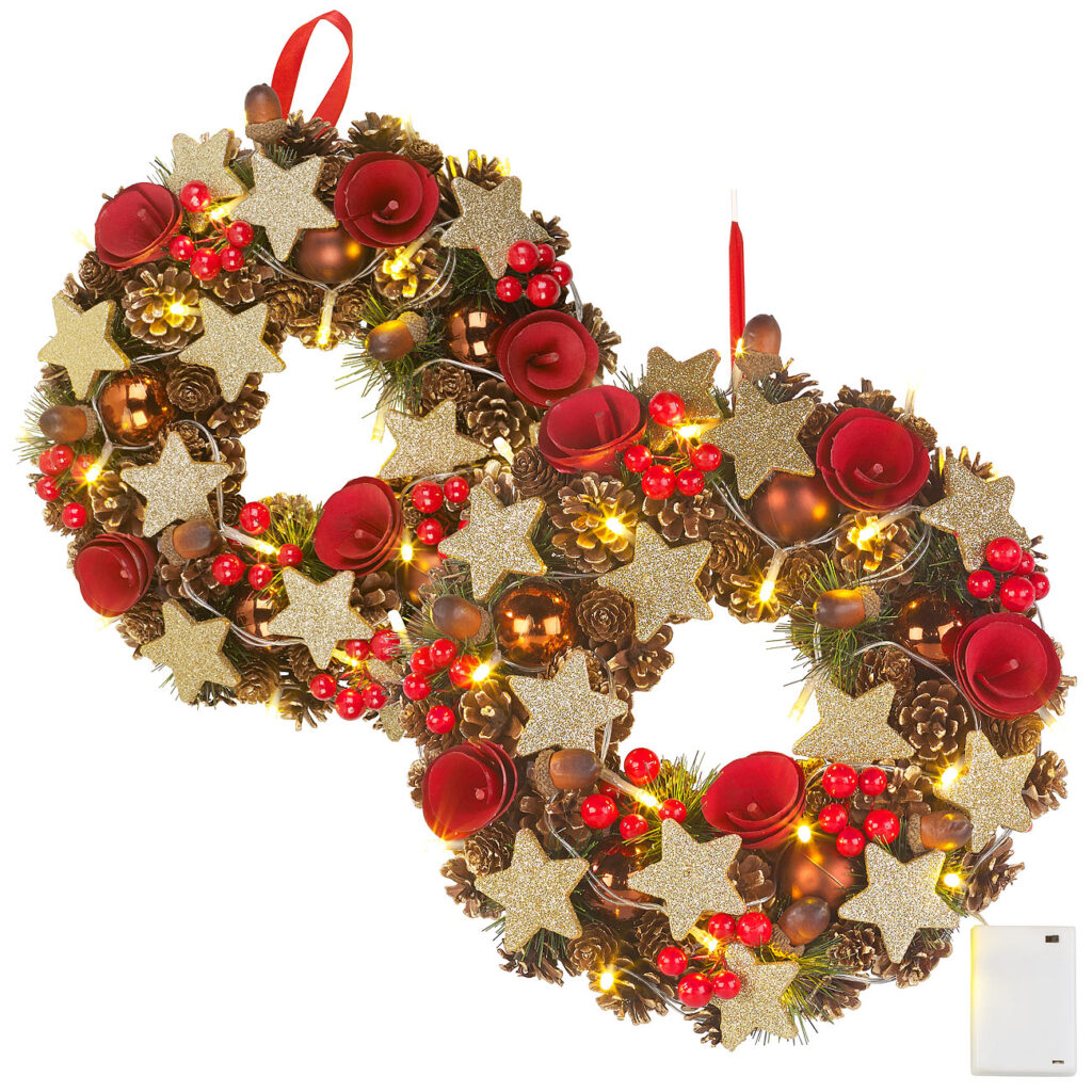 2 Weihnachtskränze, 20 warmweisse LEDs, Timer, batteriebetrieben, 28 cm 2 Weihnachtskränze, 20 warmweisse LEDs, Timer, batteriebetrieben, 28 cm