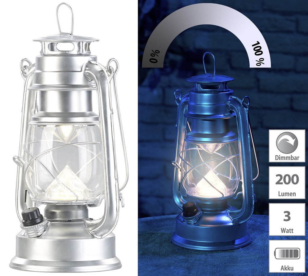 Ultra helle LED-Sturmlampe, Akku, 200lm, 3W, tageslichtweiss, silbern Ultra helle LED-Sturmlampe, Akku, 200lm, 3W, tageslichtweiss, silbern