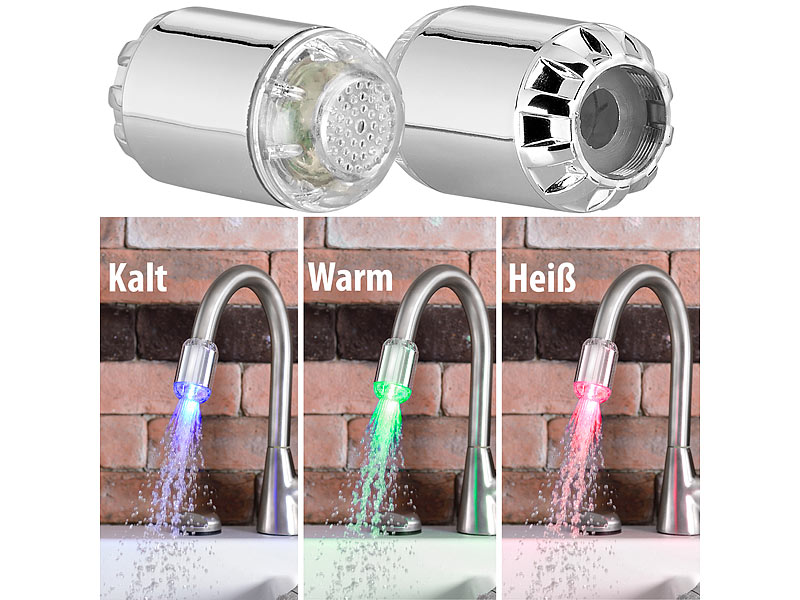 2 Dynamo-LED-Wasserhahnaufsätze zur Temperaturkontrolle, 3 Farben 2 Dynamo-LED-Wasserhahnaufsätze zur Temperaturkontrolle, 3 Farben