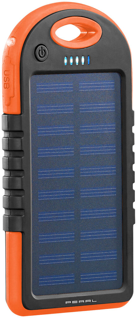 Solar-Powerbank mit Taschenlampe, 3.000 mAh, 2x USB, 1 A, IPX4 Solar-Powerbank mit Taschenlampe, 3.000 mAh, 2x USB, 1 A, IPX4