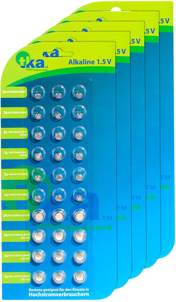 5x 30er-Sparpaket Knopfzellen, LR41 / LR43 / LR44 / LR621 / LR626 / LR1130 5x 30er-Sparpaket Knopfzellen, LR41 / LR43 / LR44 / LR621 / LR626 / LR1130