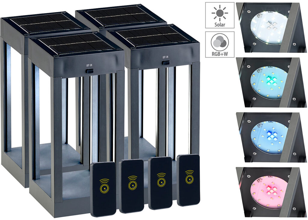 4er-Set Outdoor-Solar-Laterne, RGB+W-LEDs, Fernbedienung, 80 lm, 1 W 4er-Set Outdoor-Solar-Laterne, RGB+W-LEDs, Fernbedienung, 80 lm, 1 W