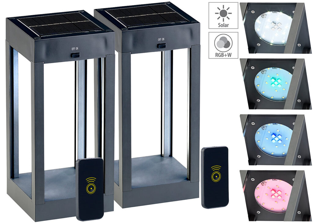 2er-Set Outdoor-Solar-Laternen, RGB+W-LEDs, Fernbedienung, 80 lm, 1 W 2er-Set Outdoor-Solar-Laternen, RGB+W-LEDs, Fernbedienung, 80 lm, 1 W
