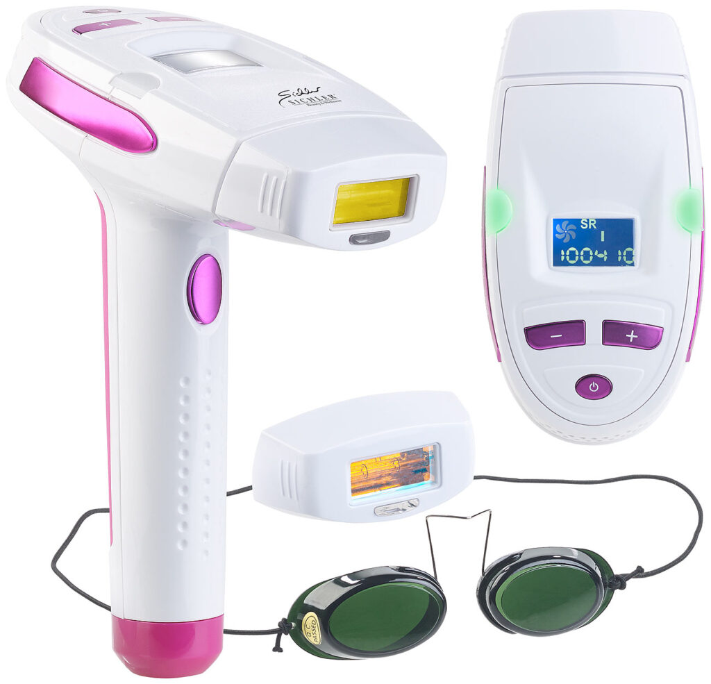 IPL-Haarentfernungs-System, 2 Aufsätze, Display, 5 Stufen, Schutzbrille IPL-Haarentfernungs-System, 2 Aufsätze, Display, 5 Stufen, Schutzbrille