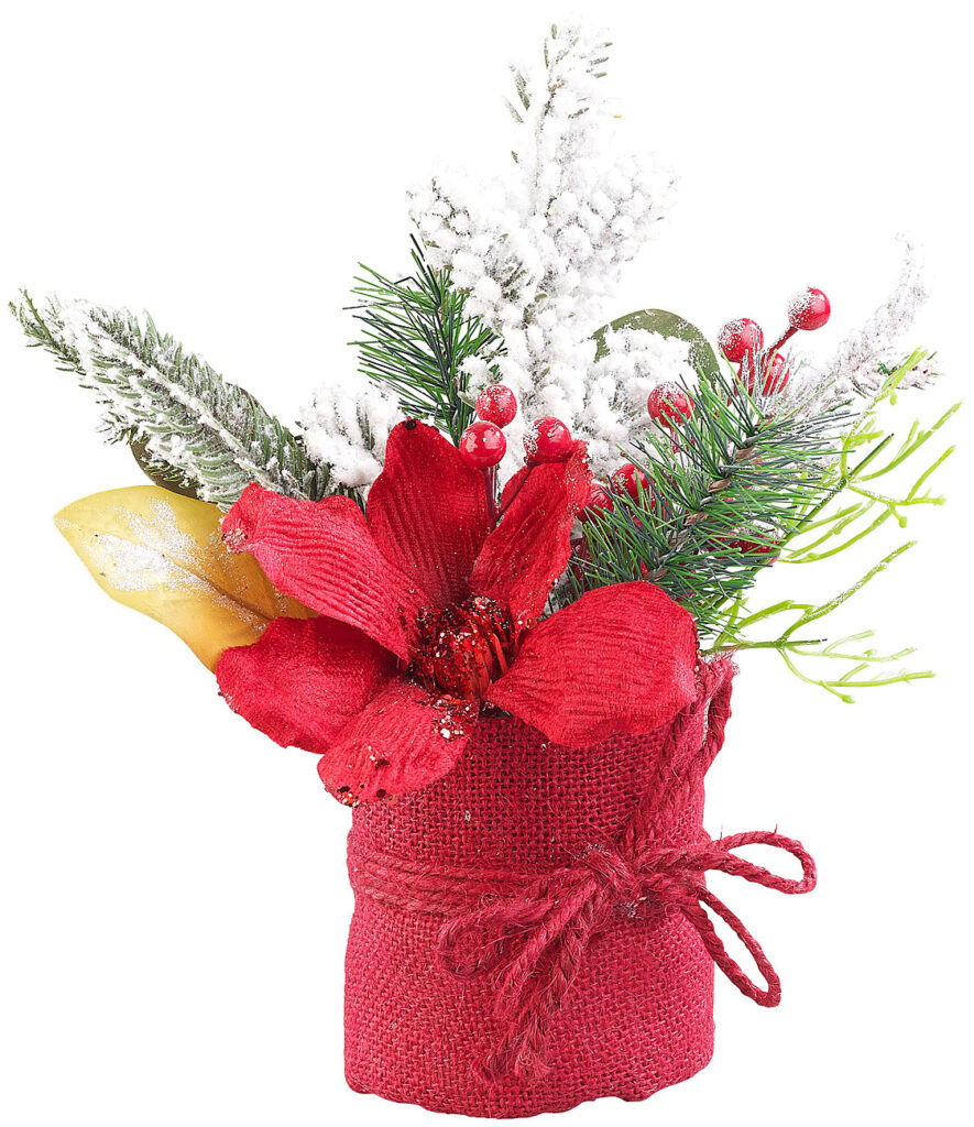 Weihnachts-Gesteck mit Blumen, Zweigen, Beeren und Kunst-Schnee, 27 cm Weihnachts-Gesteck mit Blumen, Zweigen, Beeren und Kunst-Schnee, 27 cm
