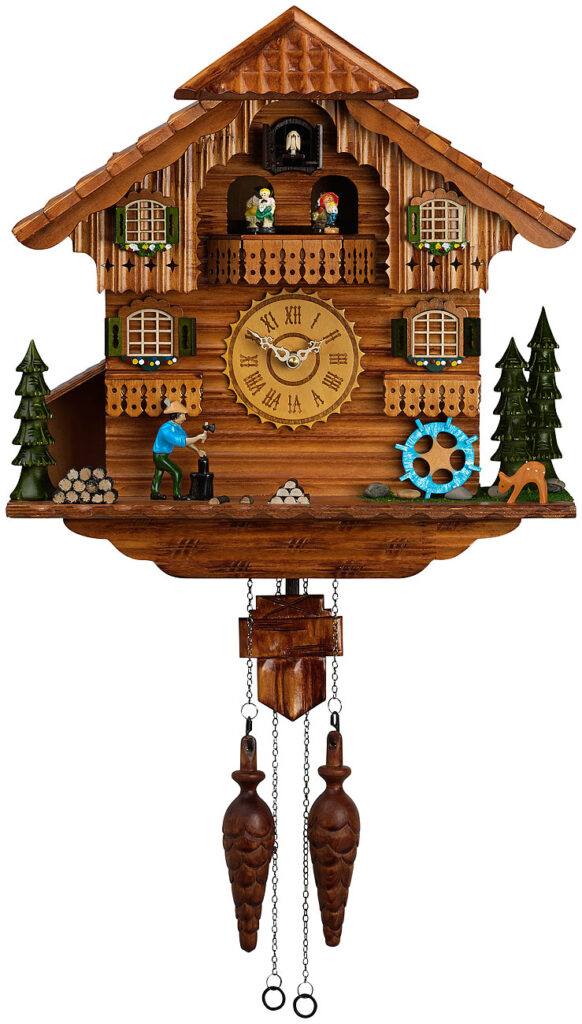 Handgeschnitzte Quarz-Kuckucksuhr mit Musik und beweglichen Figuren Handgeschnitzte Quarz-Kuckucksuhr mit Musik und beweglichen Figuren
