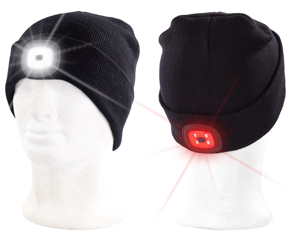Schwarze Strickmütze mit weissen (vorne) & roten (hinten) LEDs Schwarze Strickmütze mit weissen (vorne) & roten (hinten) LEDs