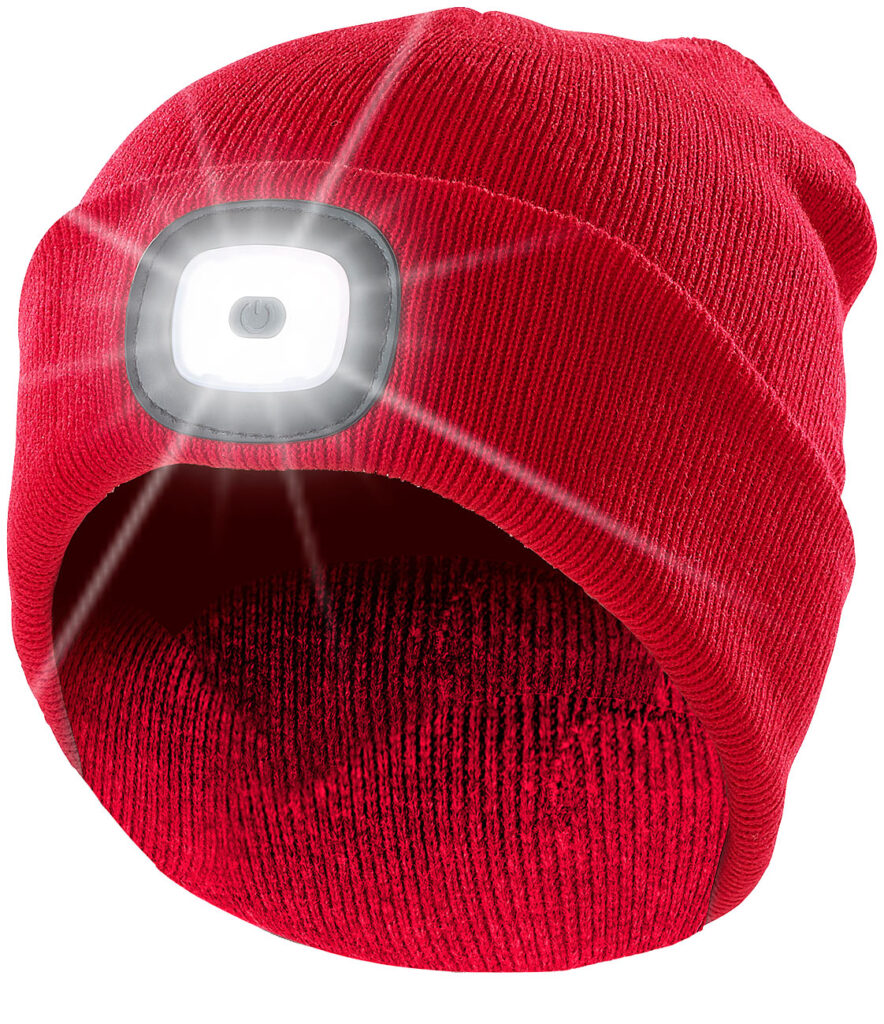 Rote Strickmütze mit weissen (vorne) & roten (hinten) LEDs Rote Strickmütze mit weissen (vorne) & roten (hinten) LEDs