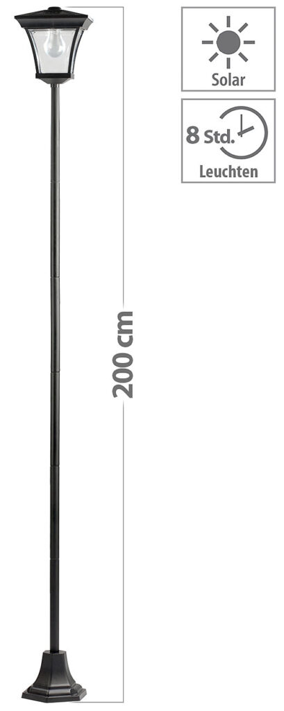 Solar-LED-Gartenleuchte mit 200-cm-Lampenmast und Akku, 15 Lumen