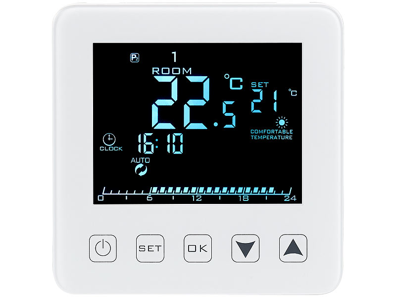 Wand-Thermostat für Fussbodenheizung, LCD, Touch-Tasten, programmierbar Wand-Thermostat für Fussbodenheizung, LCD, Touch-Tasten, programmierbar