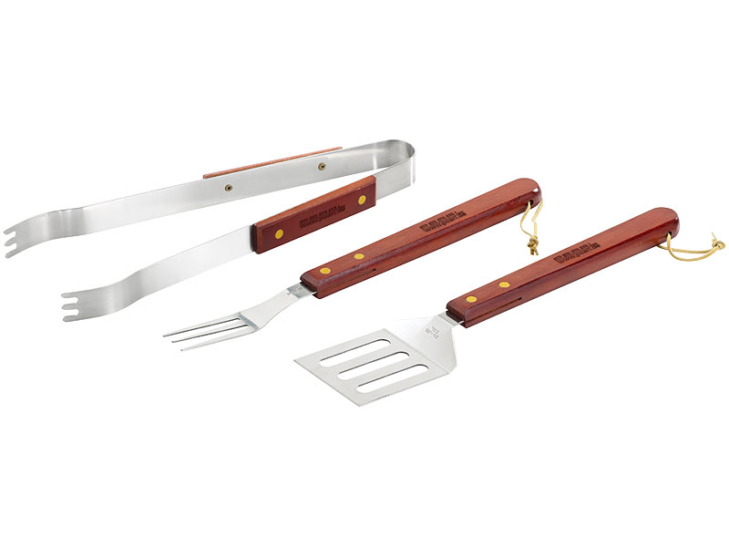 3-teiliges Grillbesteck aus Edelstahl mit extralangen Echtholz-Griffen 3-teiliges Grillbesteck aus Edelstahl mit extralangen Echtholz-Griffen