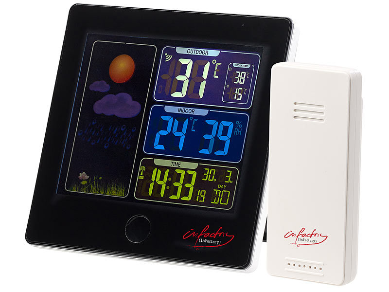 Funk-Wetterstation, Aussensensor, Farbdisplay, Funkuhr, Wecker, schwarz Funk-Wetterstation, Aussensensor, Farbdisplay, Funkuhr, Wecker, schwarz