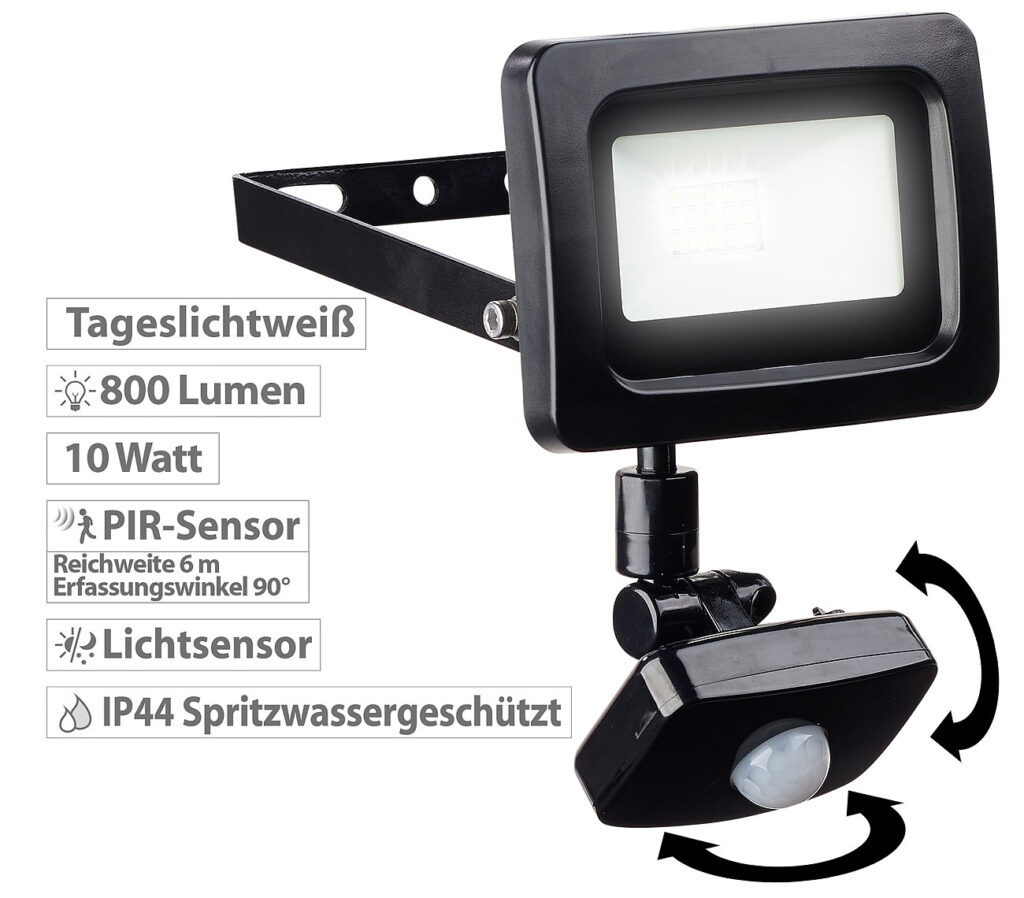 Mini-LED-Fluter, PIR-Sensor, 10 Watt, 800 lm, tageslichtweiss, IP44 Mini-LED-Fluter, PIR-Sensor, 10 Watt, 800 lm, tageslichtweiss, IP44