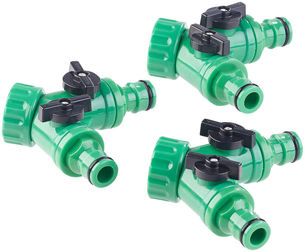 2-Wege-Wasserhahn-Adapter mit 2 Ventilen für Gartenschläuche, 3er-Set 2-Wege-Wasserhahn-Adapter mit 2 Ventilen für Gartenschläuche, 3er-Set
