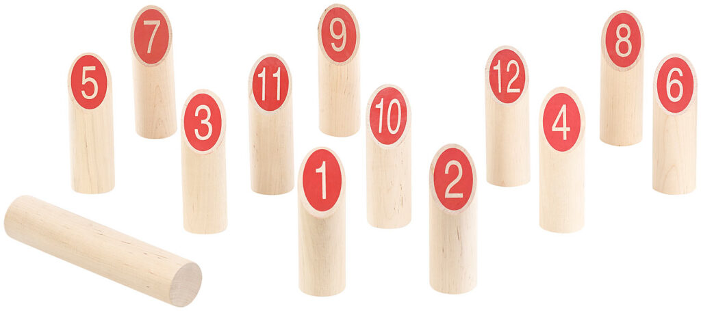 Wikinger-Kegel-Spiel aus Massivholz, für draussen, mit Transporttasche Wikinger-Kegel-Spiel aus Massivholz, für draussen, mit Transporttasche