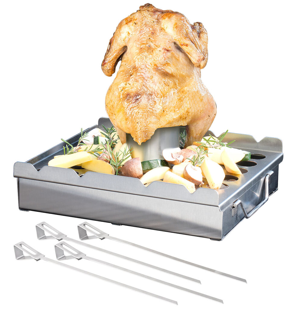 5in1-Grill-Aufsatz aus Edelstahl, 4 Spiesse, für Hähnchen, Gemüse & Co. 5in1-Grill-Aufsatz aus Edelstahl, 4 Spiesse, für Hähnchen, Gemüse & Co.