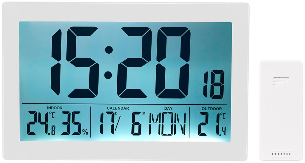 XL-Funkuhr mit Doppel-Wecker, Thermo-/Hygrometer, Tag und Datum, weiss XL-Funkuhr mit Doppel-Wecker, Thermo-/Hygrometer, Tag und Datum, weiss