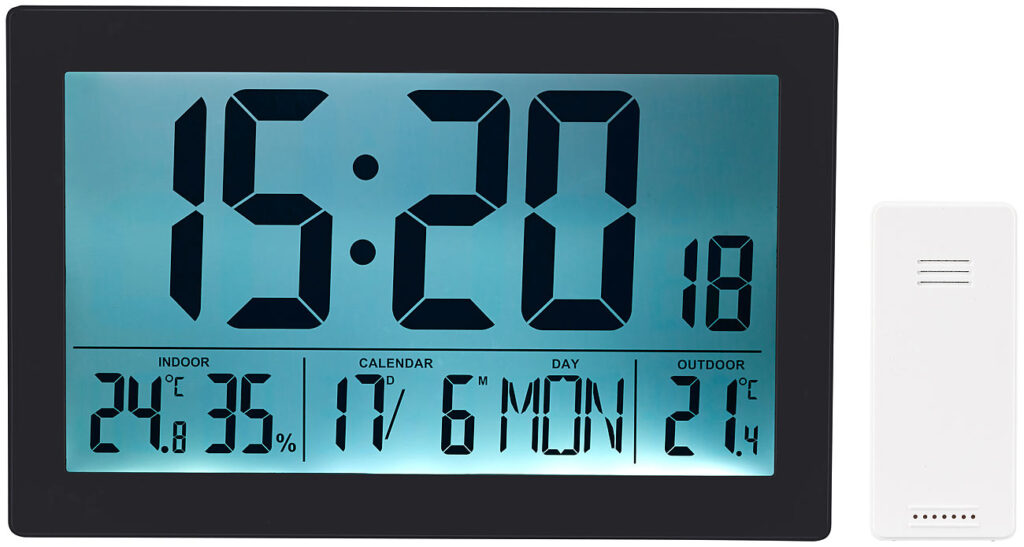 XL-Funkuhr mit Doppel-Wecker, Thermo-/Hygrometer, Tag, Datum, schwarz XL-Funkuhr mit Doppel-Wecker, Thermo-/Hygrometer, Tag, Datum, schwarz